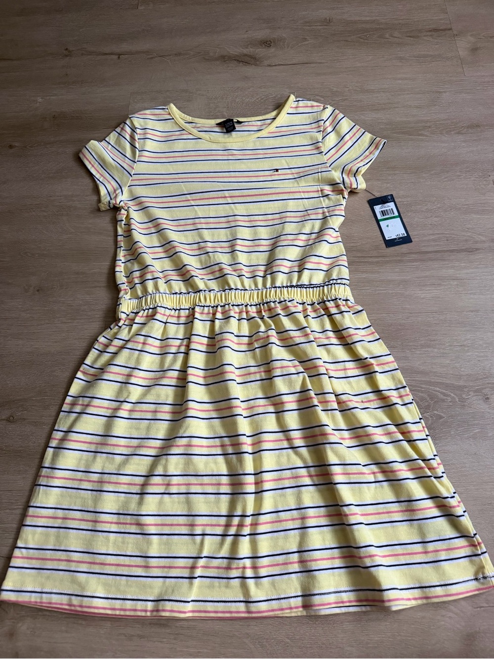 TOMMY HILFIGER Big Girls Striped Cinched T-shirt Dress 12/14 Yellow NWT
